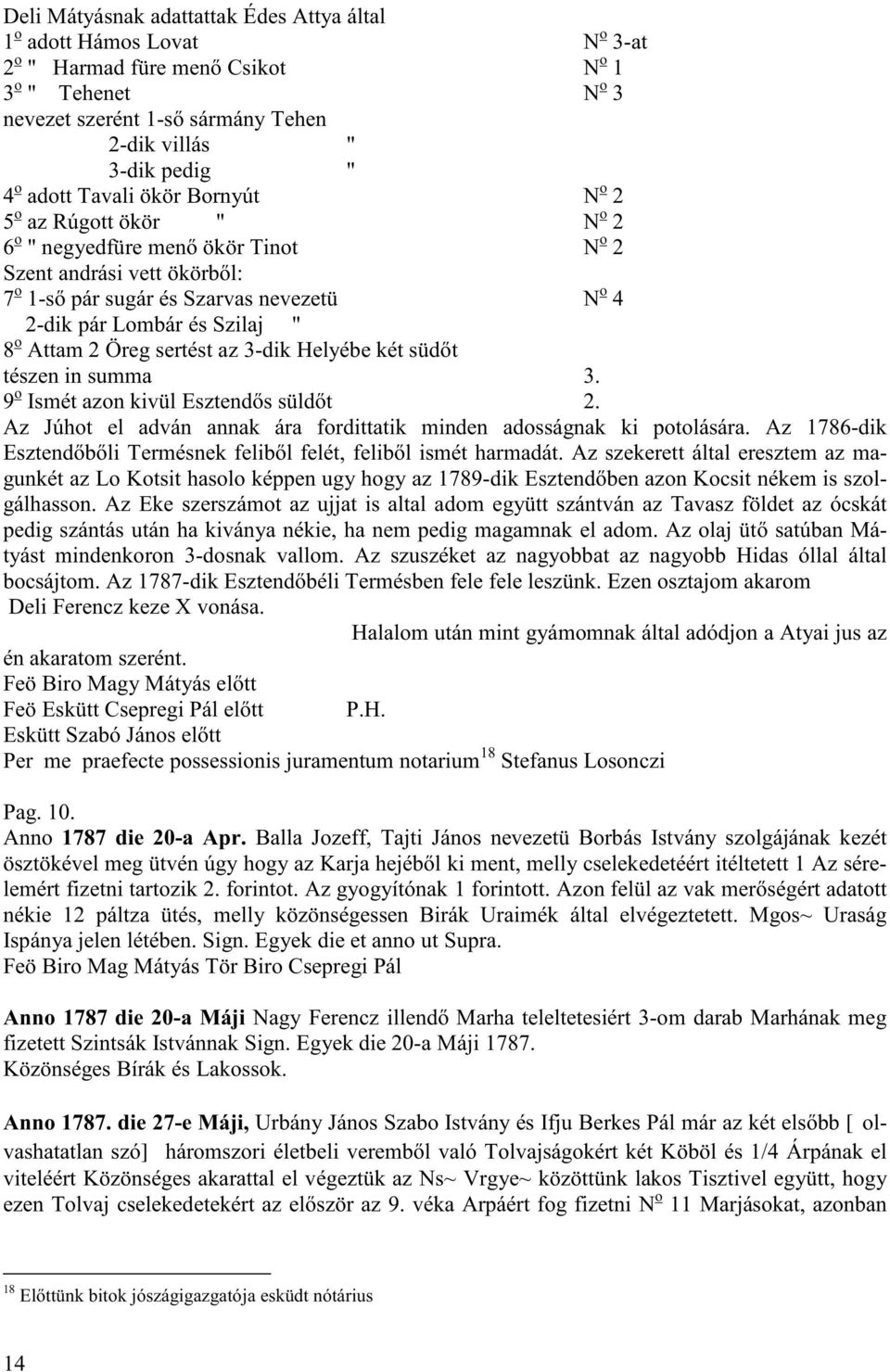 o Attam 2 Öreg sertést az 3-dik Helyébe két süd t tészen in summa 3. 9 o Ismét azon kivül Esztend s süld t 2. Az Júhot el adván annak ára fordittatik minden adosságnak ki potolására.