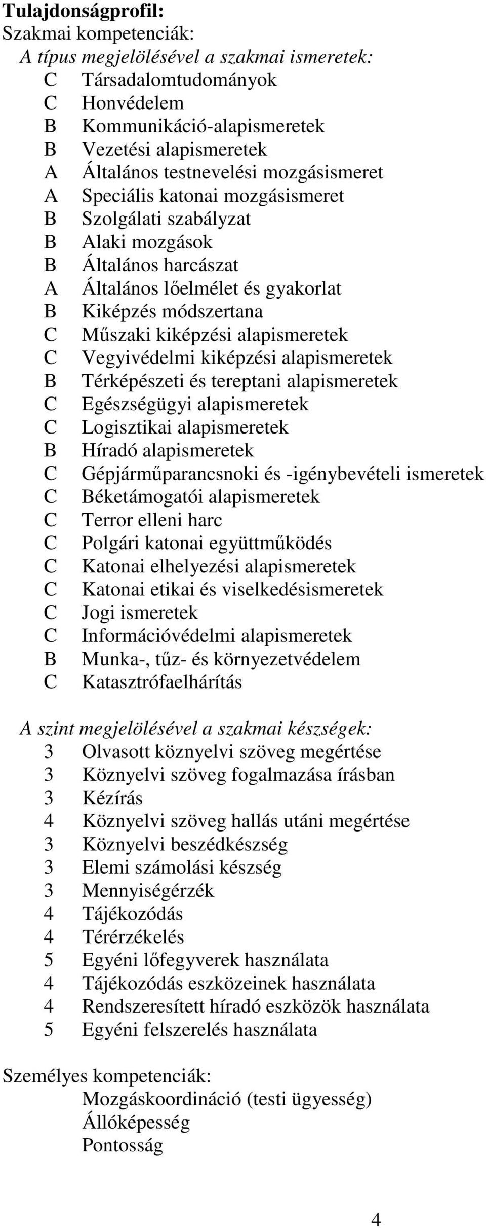 alapismeretek C Vegyivédelmi kiképzési alapismeretek B Térképészeti és tereptani alapismeretek C Egészségügyi alapismeretek C Logisztikai alapismeretek B Híradó alapismeretek C Gépjárműparancsnoki és