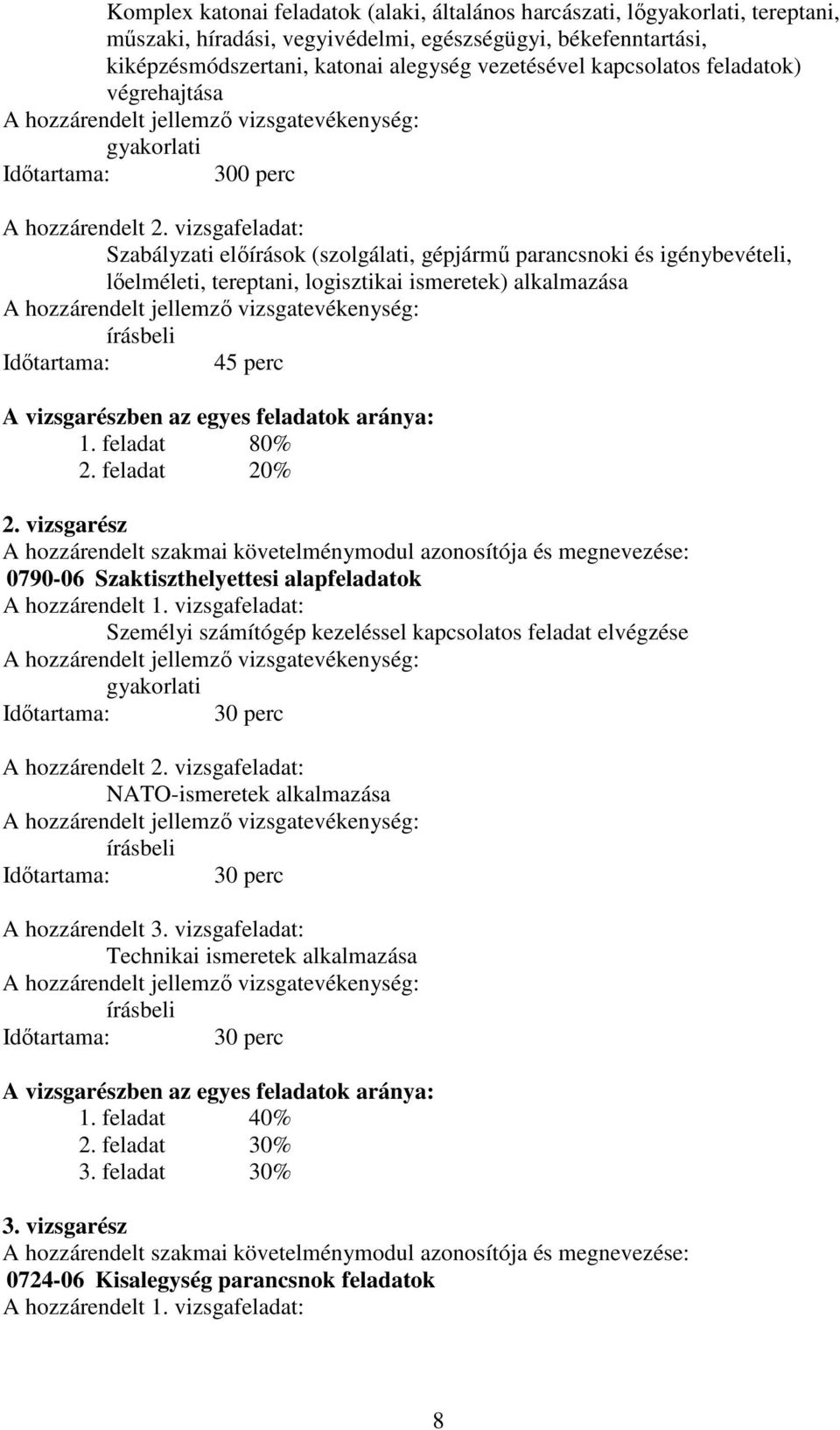 vizsgafeladat: Szabályzati előírások (szolgálati, gépjármű parancsnoki és igénybevételi, lőelméleti, tereptani, logisztikai ismeretek) alkalmazása írásbeli Időtartama: 45 perc A vizsgarészben az