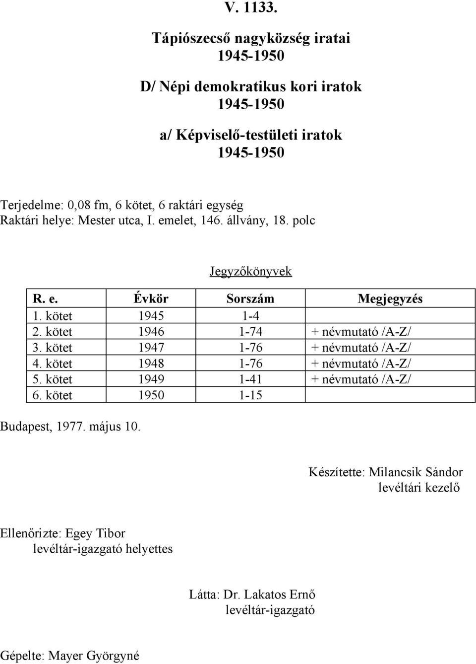 Mester utca, I. emelet, 46. állvány, 8. polc Jegyzőkönyvek R. e. kör Sorszám Megjegyzés. kötet 945 4 2. kötet 946 74 + névmutató /AZ/ 3.