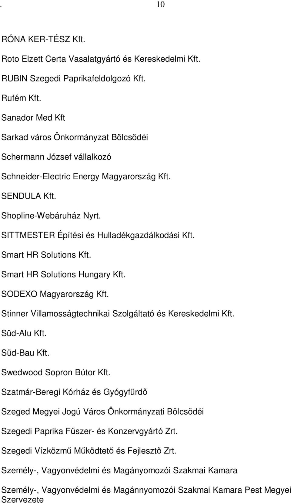 SITTMESTER Építési és Hulladékgazdálkodási Kft. Smart HR Solutions Kft. Smart HR Solutions Hungary Kft. SODEXO Magyarország Kft. Stinner Villamosságtechnikai Szolgáltató és Kereskedelmi Kft.