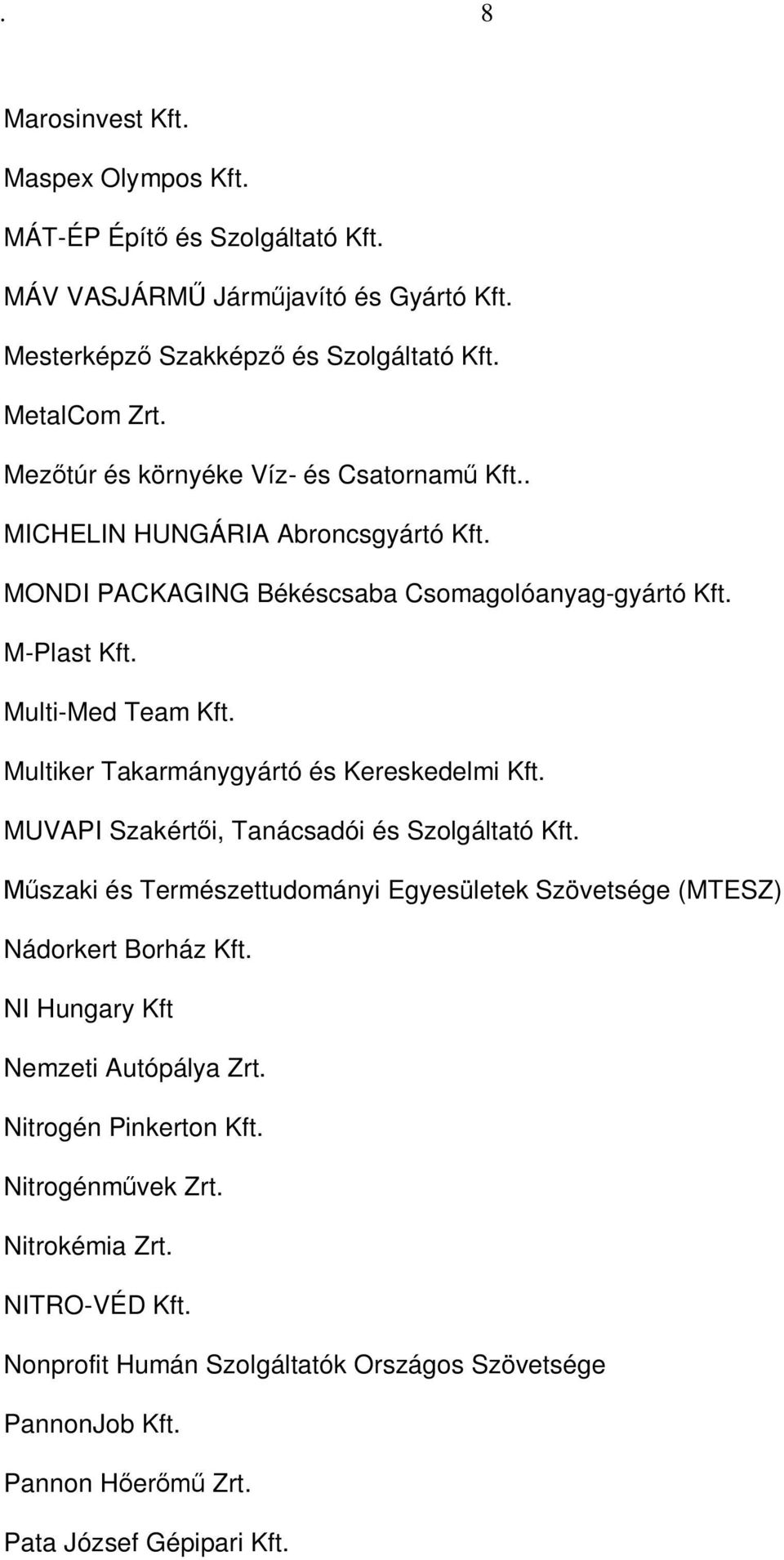 Multiker Takarmánygyártó és Kereskedelmi Kft. MUVAPI Szakértői, Tanácsadói és Szolgáltató Kft. Műszaki és Természettudományi Egyesületek Szövetsége (MTESZ) Nádorkert Borház Kft.