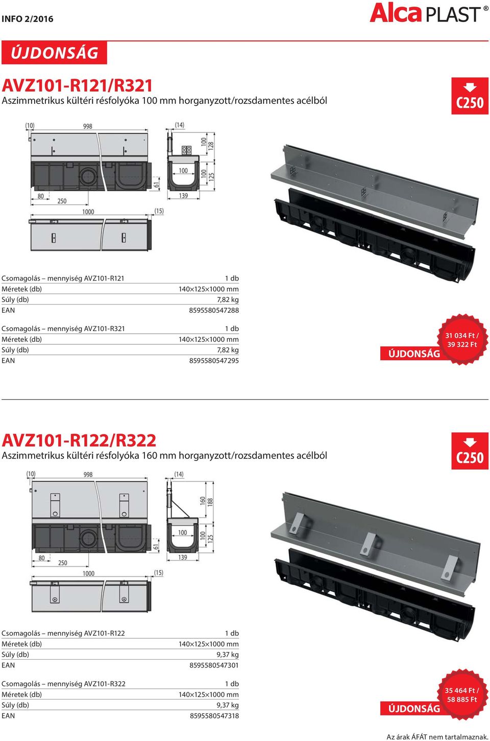 AVZ101-R122/R322 Aszimmetrikus kültéri résfolyóka 160 mm horganyzott/rozsdamentes acélból Csomagolás mennyiség AVZ101-R122 140 125 1000 mm
