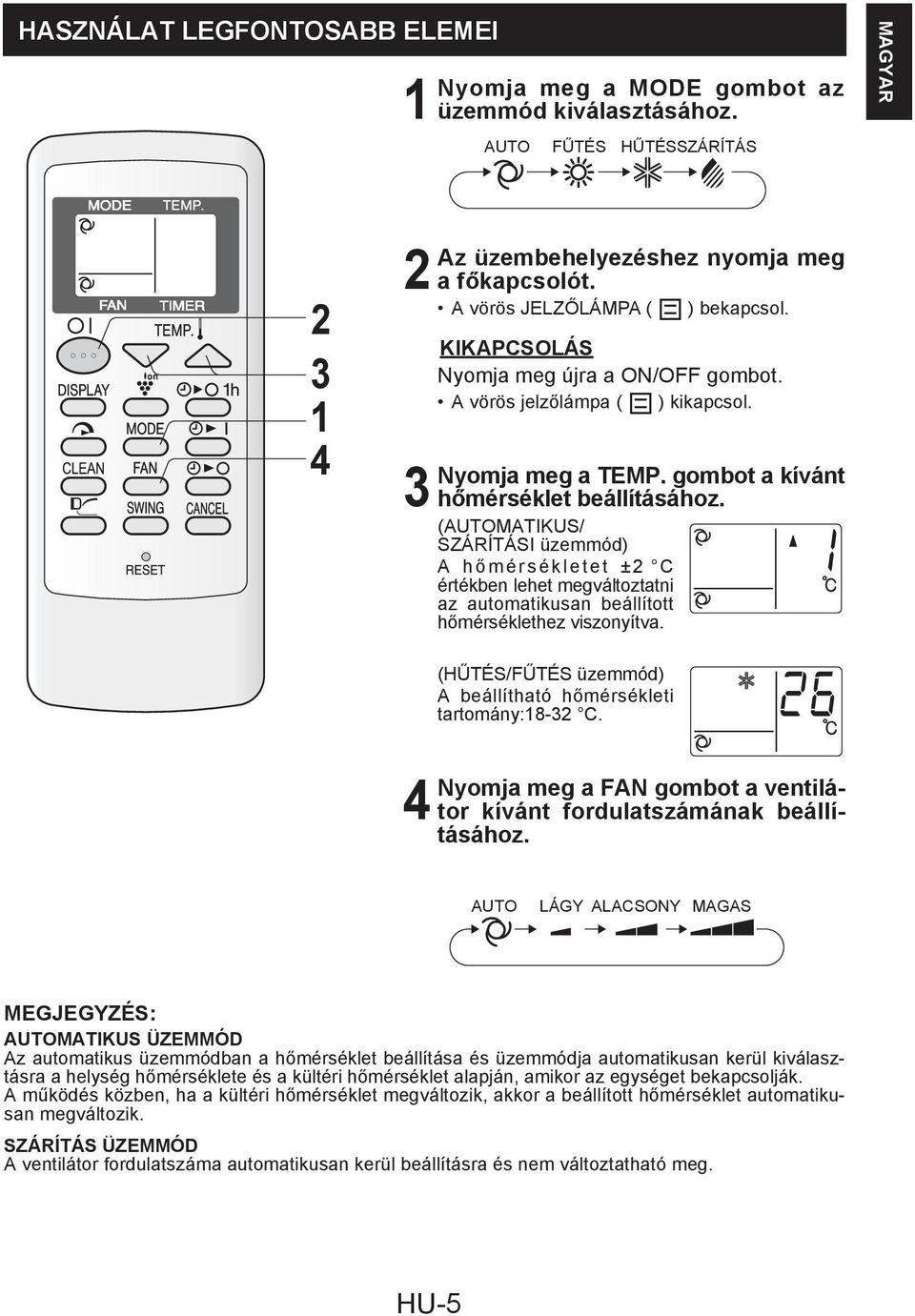 (AUTOMATIKUS/ SZÁRÍTÁSI üzemmód) A hő mérsékletet ± C értékben lehet megváltoztatni az automatikusan beállított hőmérséklethez viszonyítva.