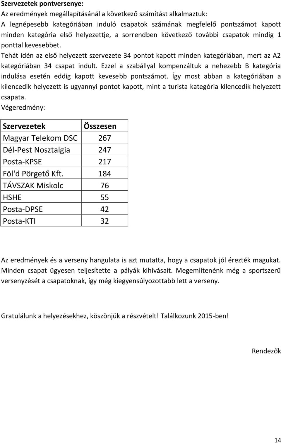 Tehát idén az első helyezett szervezete 34 pontot kapott minden kategóriában, mert az A2 kategóriában 34 csapat indult.