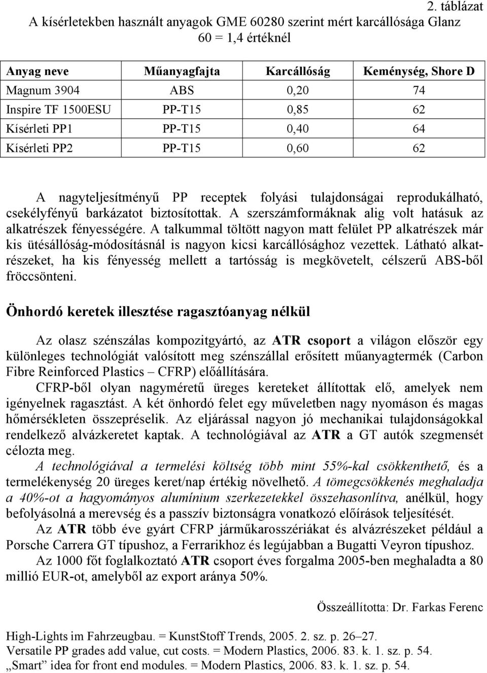 A szerszámformáknak alig volt hatásuk az alkatrészek fényességére. A talkummal töltött nagyon matt felület PP alkatrészek már kis ütésállóság-módosításnál is nagyon kicsi karcállósághoz vezettek.