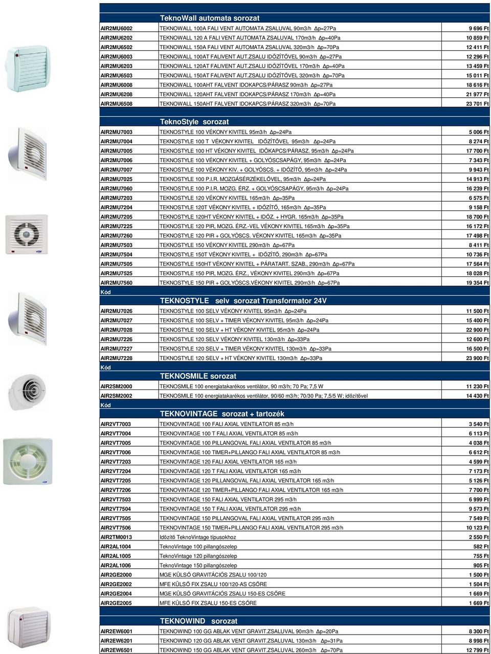 ZSALU IDİZÍTİVEL 170m3/h p=40pa 13 459 Ft AIR2MU6503 TEKNOWALL 150AT FALIVENT AUT.