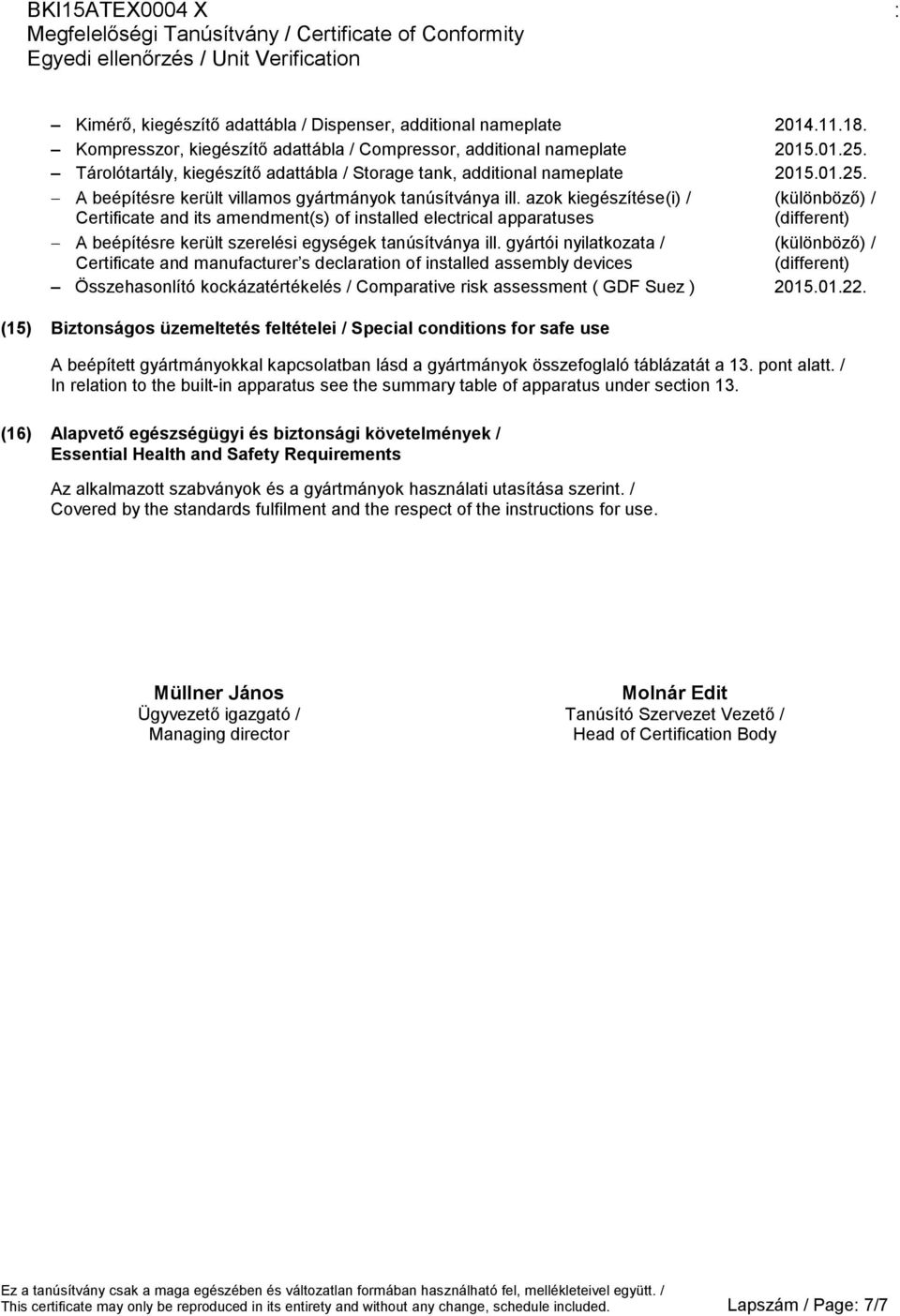 azok kiegészítése(i) / (különböző) / Certificate and its amendment(s) of installed electrical apparatuses (different) A beépítésre került szerelési egységek tanúsítványa ill.