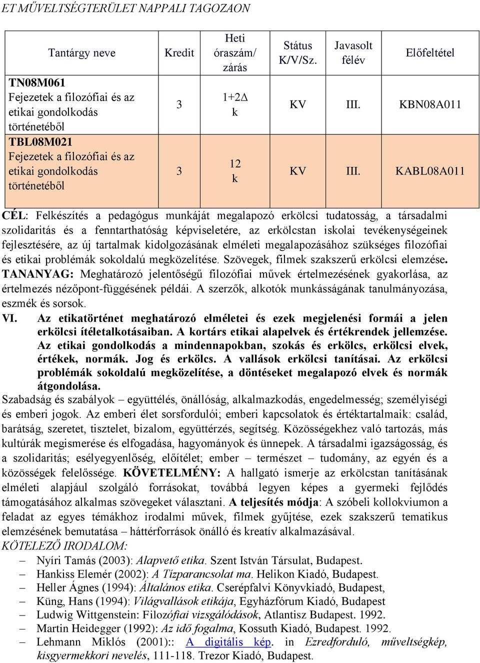 KABL08A011 CÉL: Felkészítés a pedagógus munkáját megalapozó erkölcsi tudatosság, a társadalmi szolidaritás és a fenntarthatóság képviseletére, az erkölcstan iskolai tevékenységeinek fejlesztésére, az