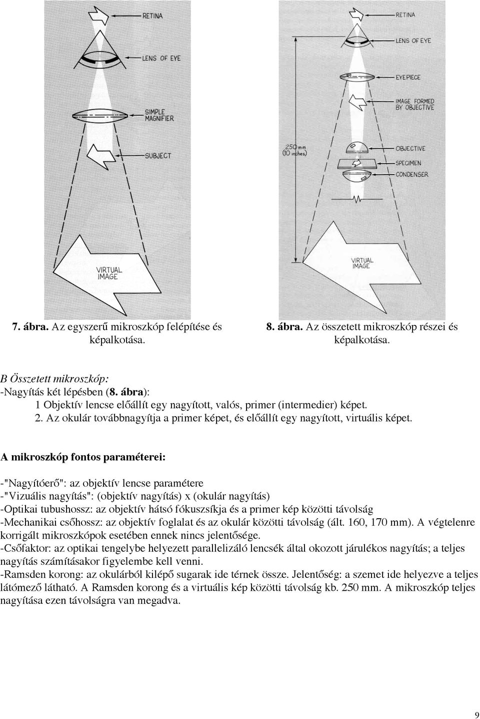 A mikroszkóp fontos paraméterei: -"Nagyítóerő": az objektív lencse paramétere -"Vizuális nagyítás": (objektív nagyítás) x (okulár nagyítás) -Optikai tubushossz: az objektív hátsó fókuszsíkja és a