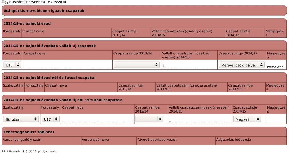 homokfoci -es bajnoki évad női és futsal csapatai Szakosztály Korosztály Csapat neve Csapat szintje 2013/14 Vállalt csapatszám (csak új esetén) Csapat szintje Megjegyzé s -es bajnoki évadban vállalt