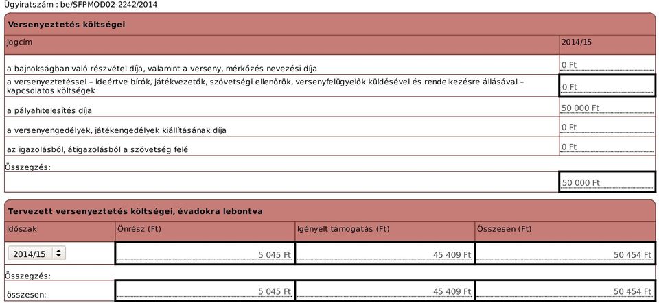 versenyengedélyek, játékengedélyek kiállításának díja az igazolásból, átigazolásból a szövetség felé 0 Ft 0 Ft 50 000 Ft 0 Ft 0 Ft 50 000 Ft Tervezett