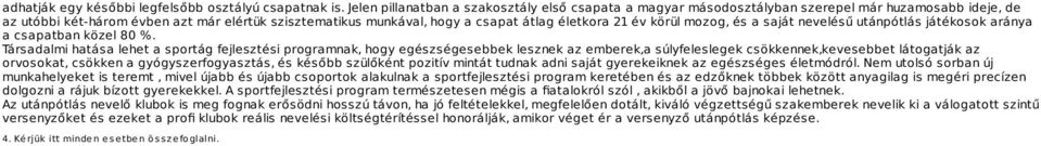 21 év körül mozog, és a saját nevelésű utánpótlás játékosok aránya a csapatban közel 80 %.