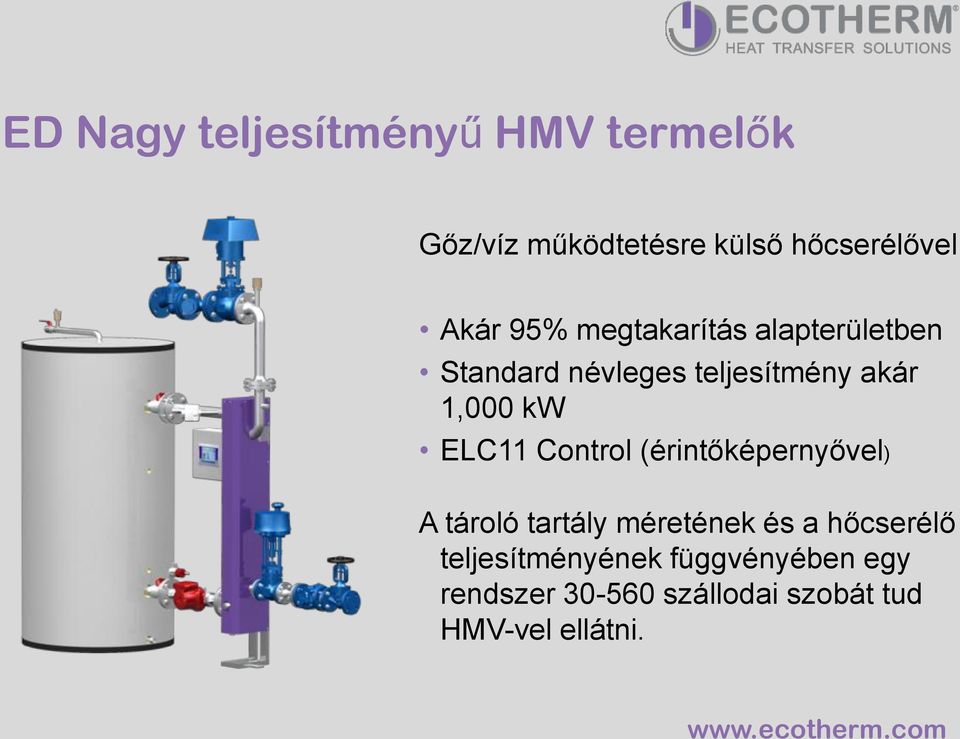 ELC11 Control (érintőképernyővel) A tároló tartály méretének és a hőcserélő