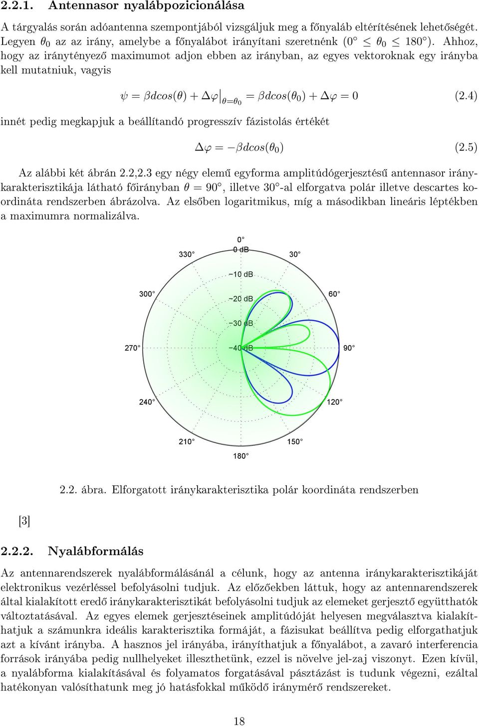 Ahhoz, hogy az iránytényez maximumot adjon ebben az irányban, az egyes vektoroknak egy irányba kell mutatniuk, vagyis ψ = βdcos(θ) + ϕ θ=θ0 = βdcos(θ 0 ) + ϕ = 0 (.