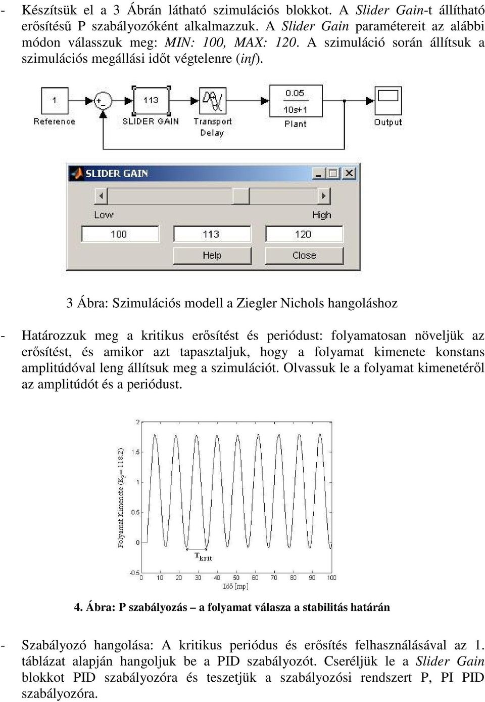 3 Ábra: Szimulációs modell a Ziegler Nichols hangoláshoz - Határozzuk meg a kritikus ersítést és periódust: folyamatosan növeljük az ersítést, és amikor azt tapasztaljuk, hogy a folyamat kimenete