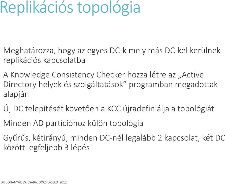 programban megadottak alapján Új DC telepítését követően a KCC újradefiniálja a topológiát Minden AD