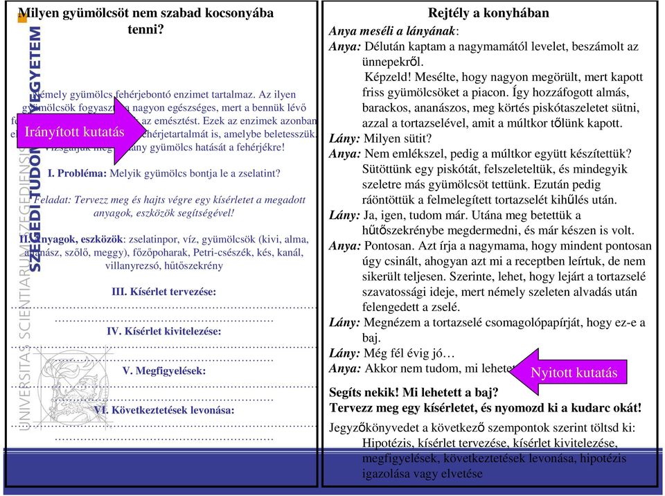 Ezek az enzimek azonban elbontják Irányított annak kutatás az ételnek a fehérjetartalmát is, amelybe beletesszük. Vizsgáljuk meg néhány gyümölcs hatását a fehérjékre! I. Probléma: Melyik gyümölcs bontja le a zselatint?