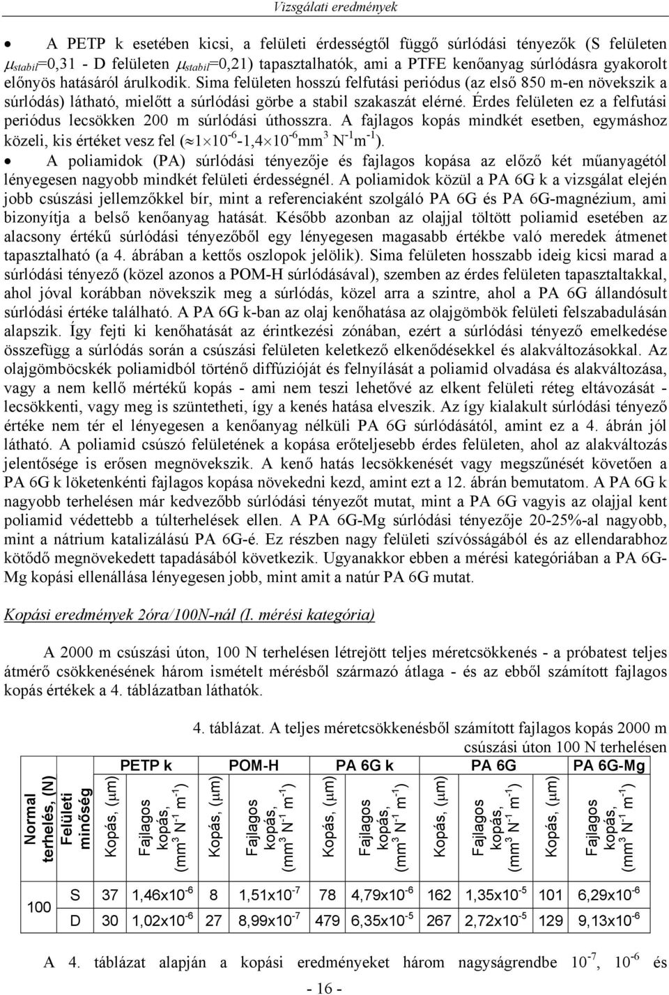 Érdes felületen ez a felfutási periódus lecsökken 200 m súrlódási úthosszra. A fajlagos kopás mindkét esetben, egymáshoz közeli, kis értéket vesz fel ( 1 10-6 -1,4 10-6 mm 3 N -1 m -1 ).