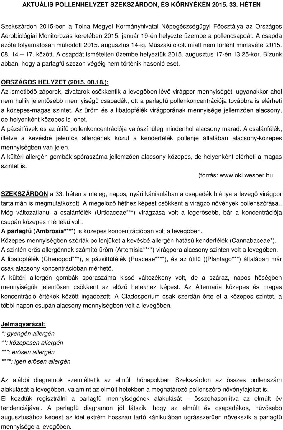 A csapdát ismételten üzembe helyeztük 215. augusztus 17-én 13.25-kor. Bízunk abban, hogy a parlagfű szezon végéig nem történik hasonló eset. ORSZÁGOS HELYZET (215. 8.18.