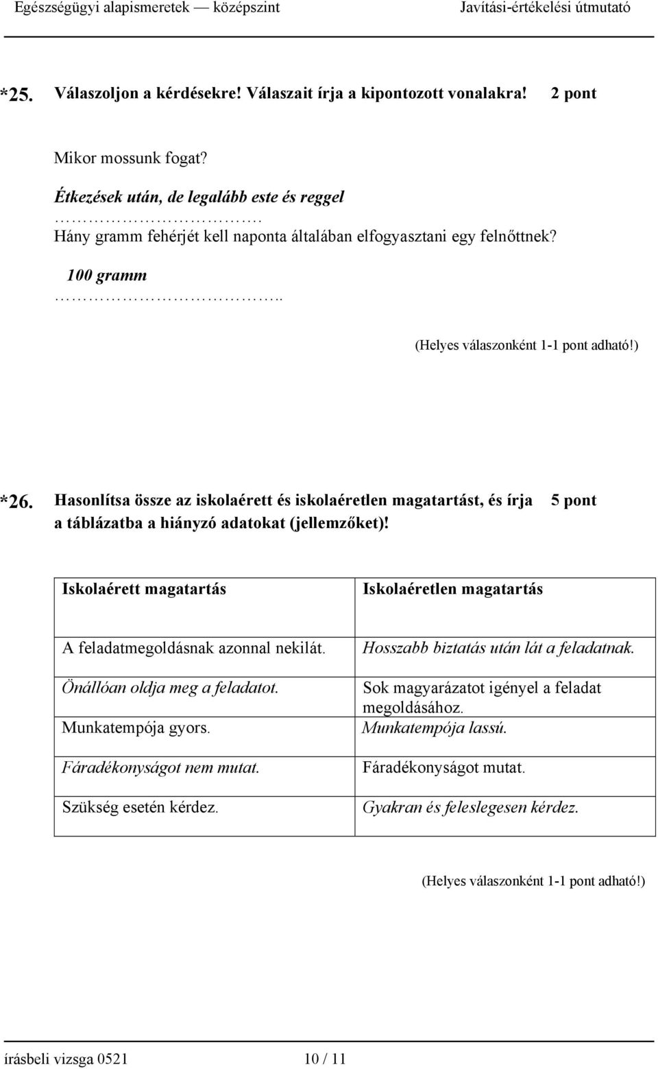 Hasonlítsa össze az iskolaérett és iskolaéretlen magatartást, és írja 5 pont a táblázatba a hiányzó adatokat (jellemzőket)!