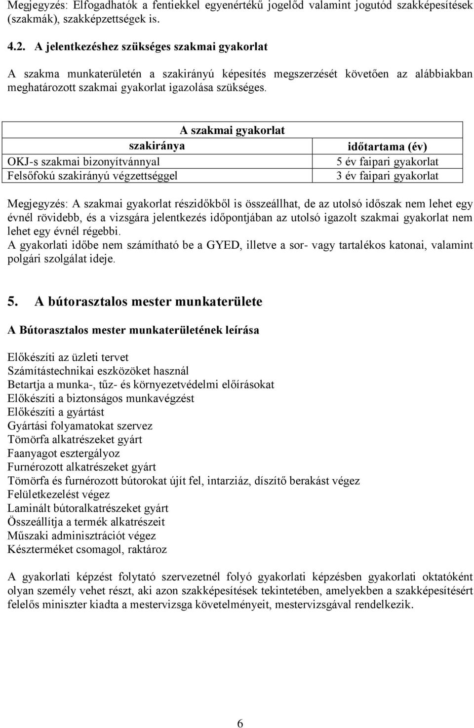 A szakmai gyakorlat szakiránya OKJ-s szakmai bizonyítvánnyal Felsőfokú szakirányú végzettséggel időtartama (év) 5 év faipari gyakorlat 3 év faipari gyakorlat Megjegyzés: A szakmai gyakorlat