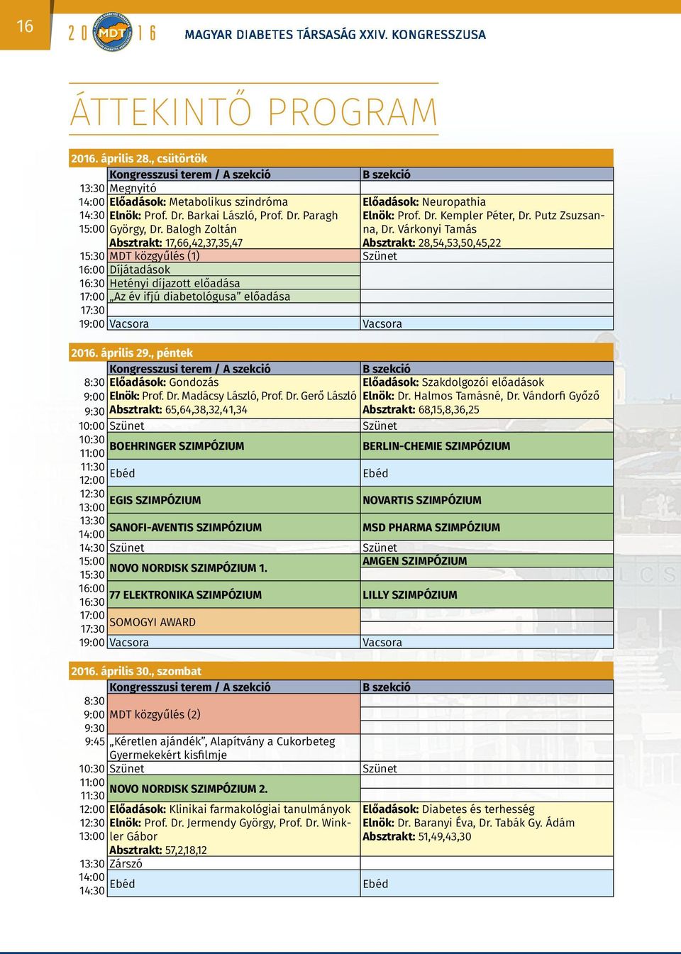 Balogh Zoltán Absztrakt: 17,66,42,37,35,47 B szekció 15:30 MDT közgyűlés (1) Szünet 16:00 Díjátadások 16:30 Hetényi díjazott előadása 17:00 Az év ifjú diabetológusa előadása 17:30 19:00 Vacsora
