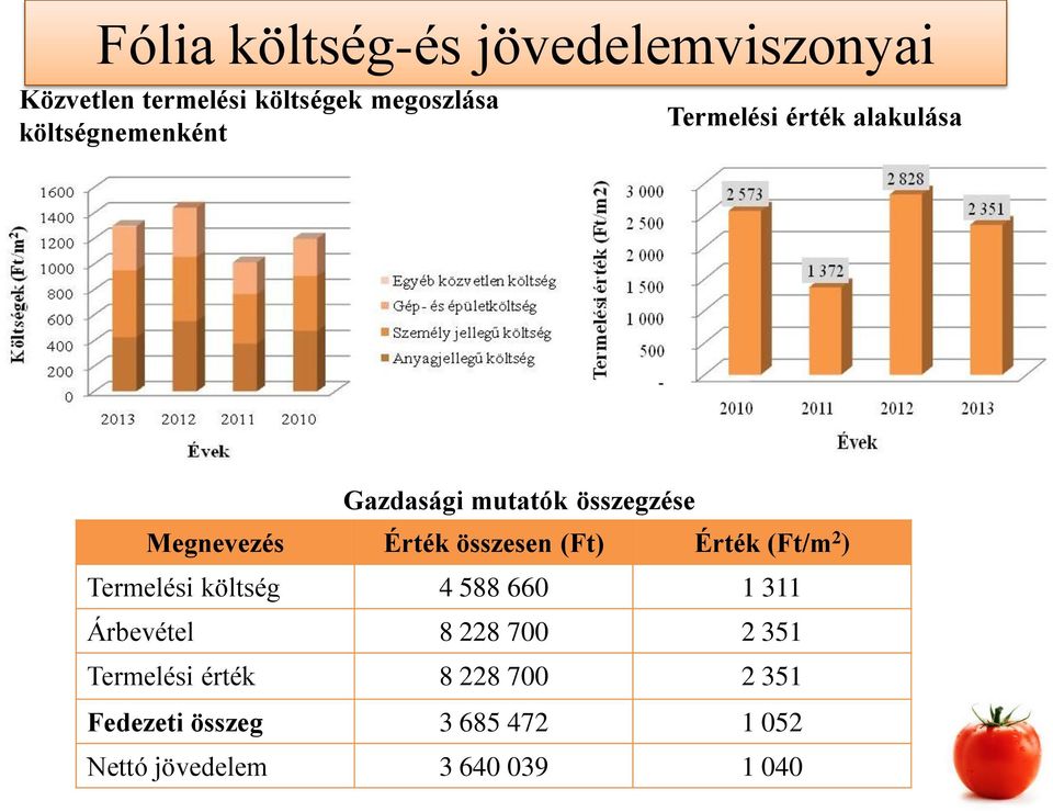 Érték összesen (Ft) Érték (Ft/m 2 ) Termelési költség 4 588 660 1 311 Árbevétel 8 228