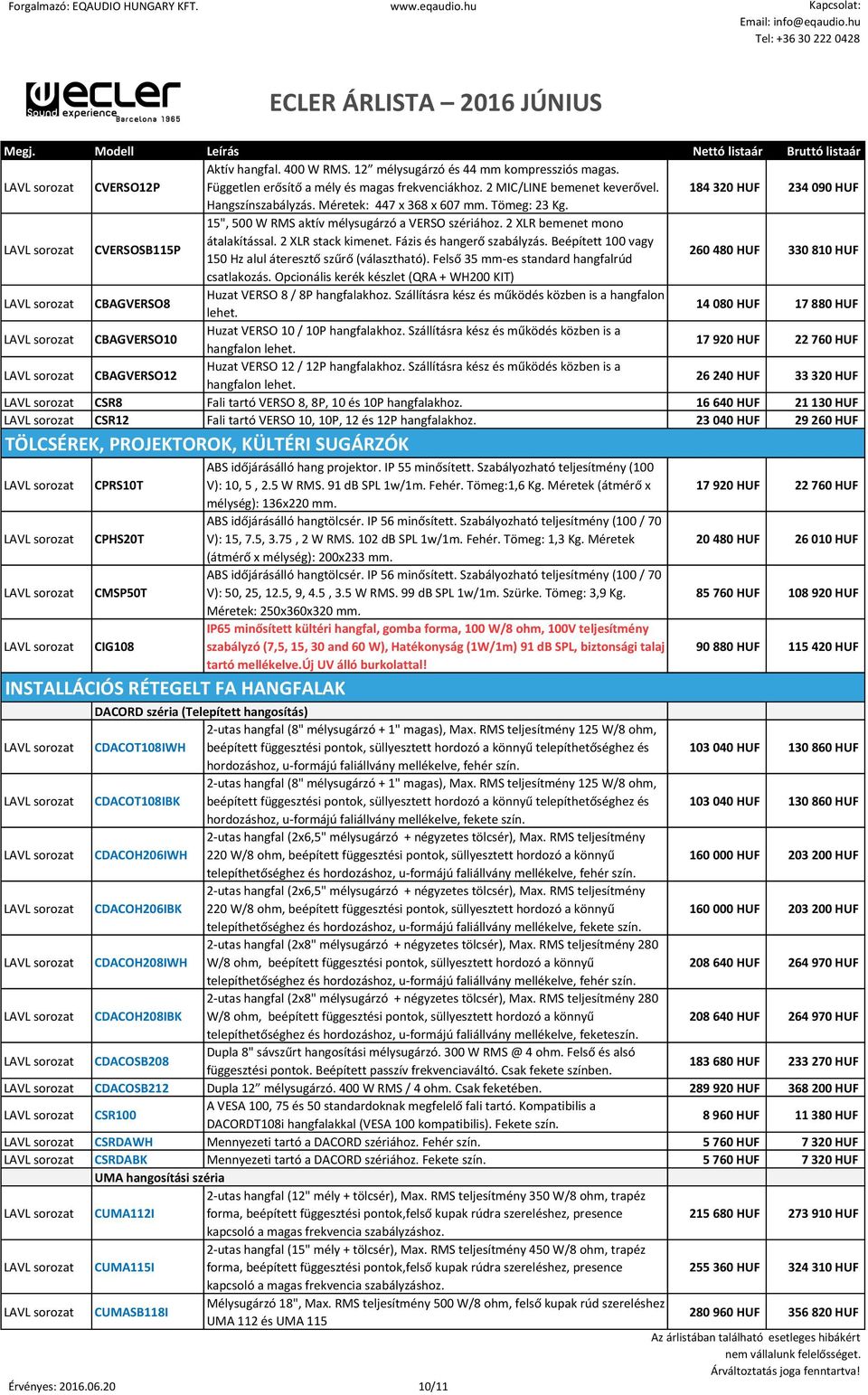 Beépített 100 vagy 150 Hz alul áteresztő szűrő (választható). Felső 35 mm-es standard hangfalrúd 260 480 HUF 330 810 HUF csatlakozás.