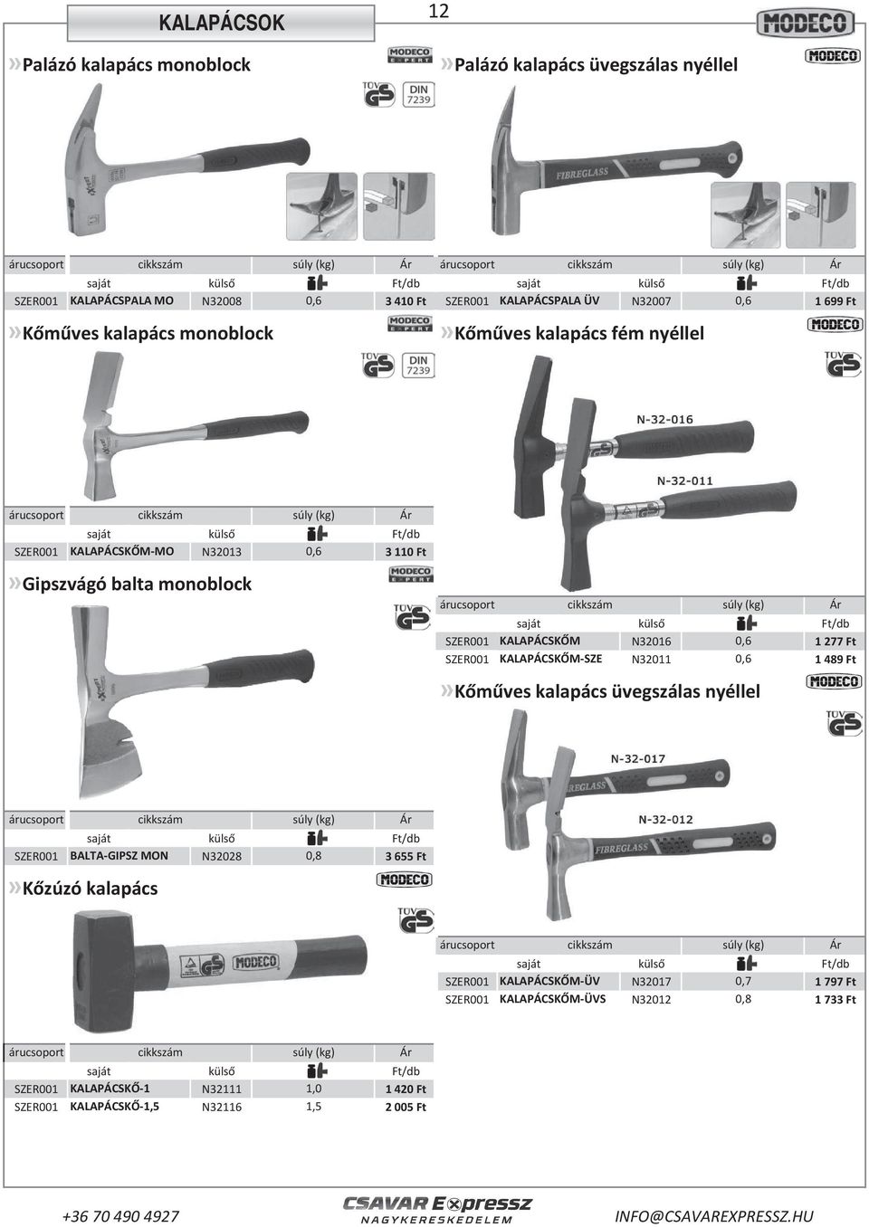 N32016 0,6 1 277 Ft SZER001 KALAPÁCSKŐM-SZE N32011 0,6 1 489 Ft»Kőműves kalapács üvegszálas nyéllel súly (kg) SZER001 BALTA-GIPSZ MON N32028 0,8 3 655 Ft»Kőzúzó kalapács súly