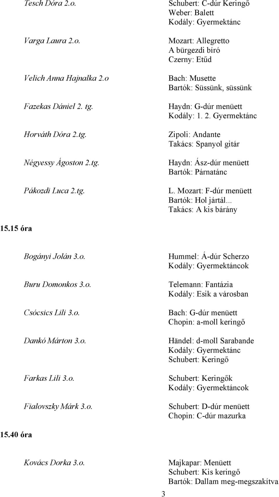 2. Gyermektánc Zipoli: Andante Takács: Spanyol gitár Haydn: Ász-dúr menüett Bartók: Párnatánc L. Mozart: F-dúr menüett Bartók: Hol jártál... Takács: A kis bárány 15.15 óra Bogányi Jolán 3.o. Buru Domonkos 3.