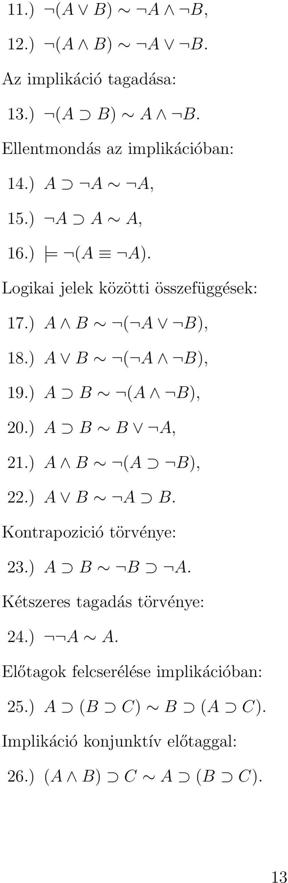 ) A B (A B), 20.) A B B A, 21.) A B (A B), 22.) A B A B. Kontrapozició törvénye: 23.) A B B A. Kétszeres tagadás törvénye: 24.