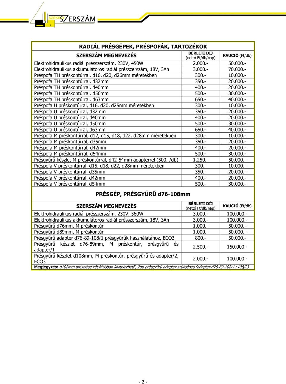 000.- Préspofa U préskontúrral, d16, d20, d25mm méretekben 300.- 10.000.- Préspofa U préskontúrral, d32mm 350.- 20.000.- Préspofa U préskontúrral, d40mm 400.- 20.000.- Préspofa U préskontúrral, d50mm 500.