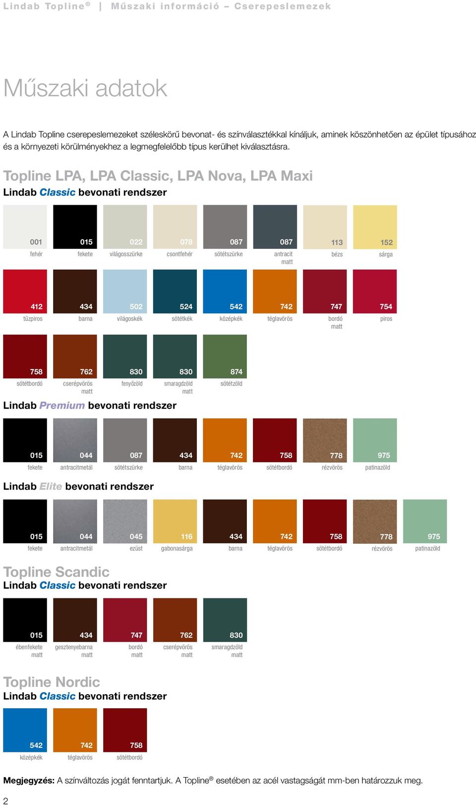 Topline LPA, LPA Classic, LPA Nova, LPA Maxi Lindab Classic bevonati rendszer 001 015 022 078 087 087 113 152 fehér fekete világosszürke csontfehér sötétszürke antracit bézs sárga 412 434 502 524 542