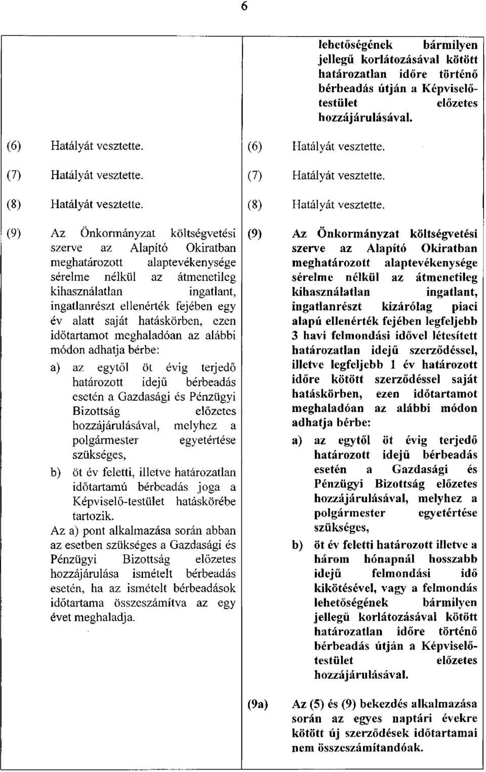 (9) Az Önkormányzat költségvetési szerve az Alapító Okiratban meghatározott alaptevékenysége sérelme nélkül az átmenetileg kihasználatlan ingatlant, ingatlanrészt ellenérték fejében egy év alatt