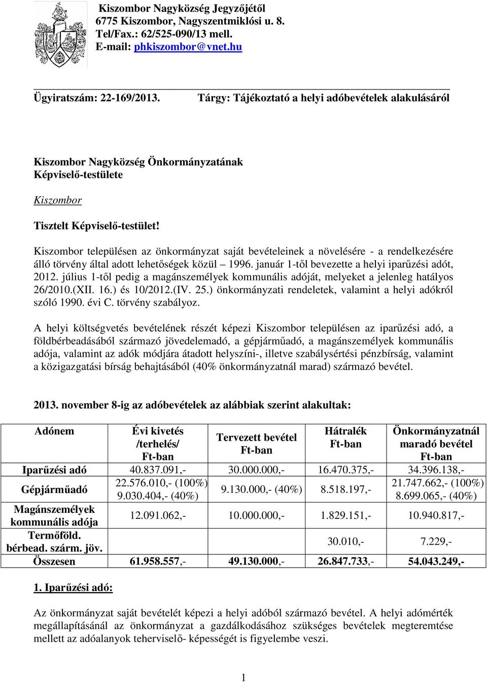 Kiszombor településen az önkormányzat saját bevételeinek a növelésére - a rendelkezésére álló törvény által adott lehetőségek közül 1996. január 1-től bevezette a helyi iparűzési adót, 2012.