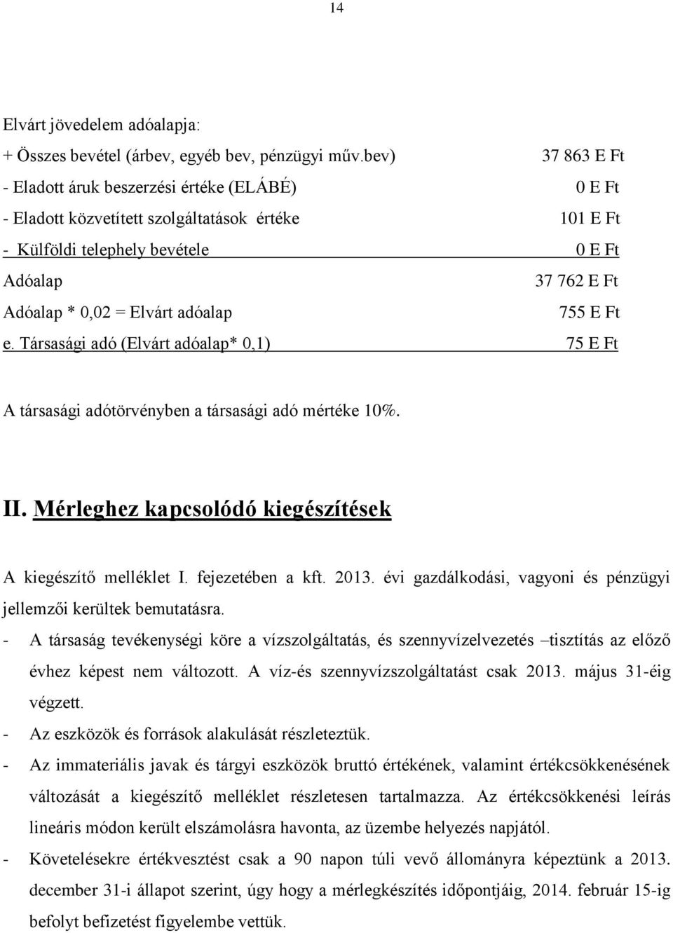 adóalap 755 E Ft e. Társasági adó (Elvárt adóalap* 0,1) 75 E Ft A társasági adótörvényben a társasági adó mértéke 10%. II. Mérleghez kapcsolódó kiegészítések A kiegészítő melléklet I.