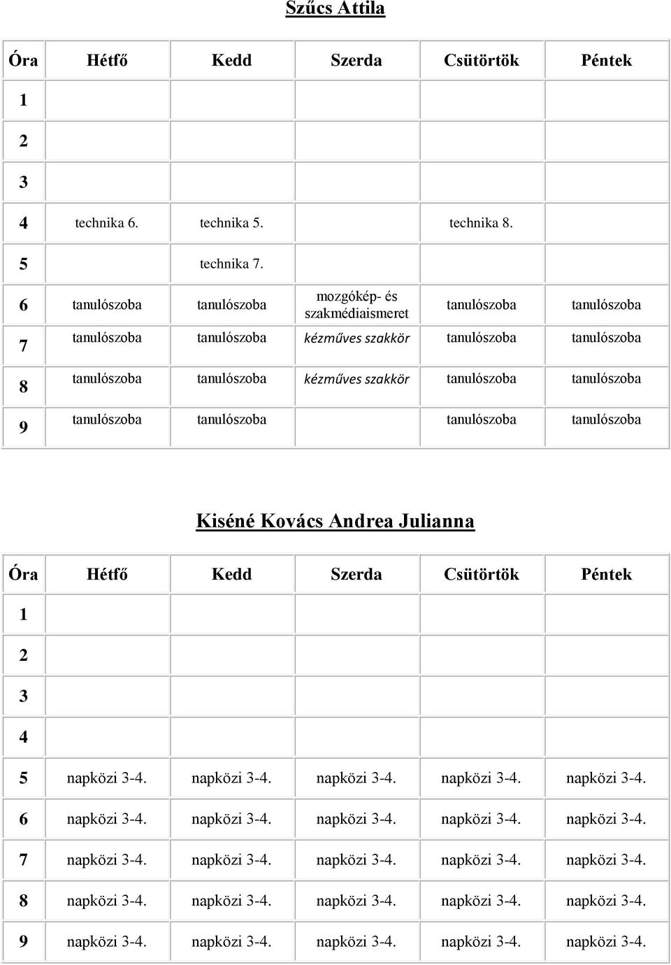 kézműves szakkör tanulószoba tanulószoba tanulószoba tanulószoba tanulószoba tanulószoba Kiséné Kovács Andrea Julianna 3 4 5 napközi 3-4.