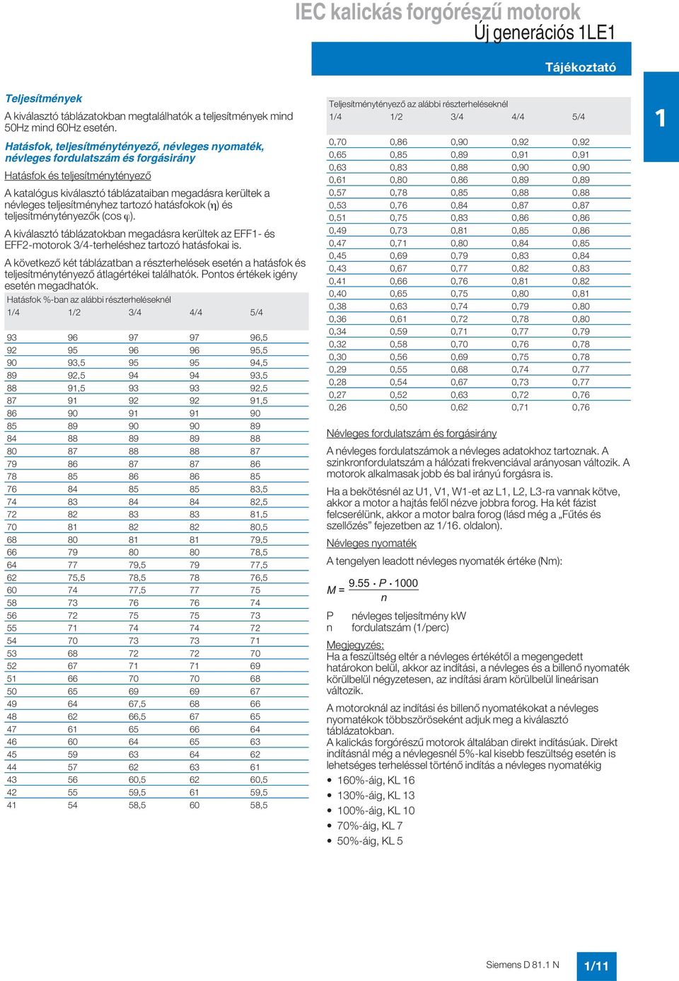 teljesítményhez tartozó hatásfokok (η) és teljesítménytényezők (cos ϕ). A kiválasztó táblázatokban megadásra kerültek az EFF- és EFF2-motorok 3/4-terheléshez tartozó hatásfokai is.