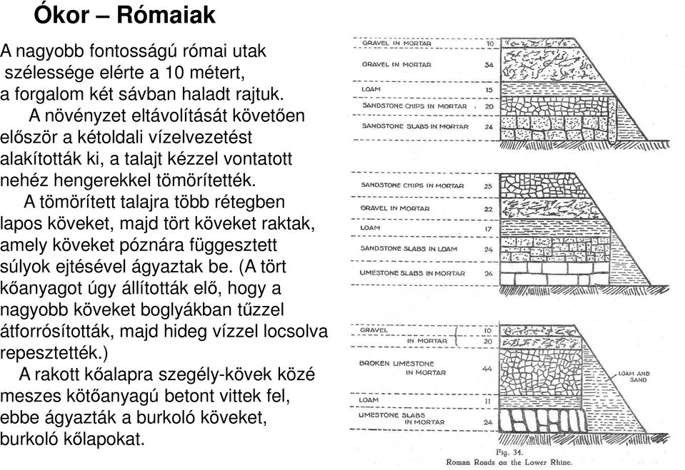 A tömörített talajra több rétegben lapos köveket, majd tört köveket raktak, amely köveket póznára függesztett súlyok ejtésével ágyaztak be.