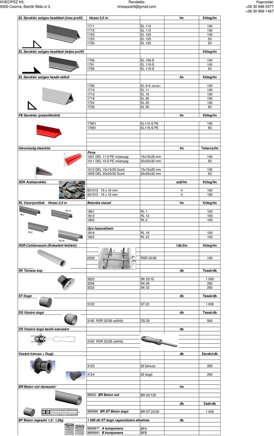 Sarokléc (polyetilénből) fm Köteg/fm 17901 EL110-S PE 100 17951 EL115-S PE 50 Háromszög élsarkító fm Tekercs/fm Piros 1001 DEL 11-5 PE műanyag 15x15x25 mm 100 1011 DEL 15-5 PE műanyag 20x20x32 mm 50