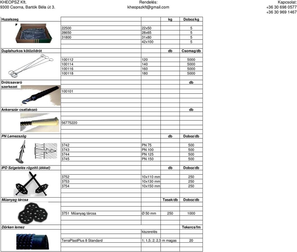 500 3744 PN 125 500 3745 PN 150 500 IPD Szigetelés rögzítő (ékkel) Doboz/ 3752 10x110 mm 250 3753 10x130 mm 250 3754 10x150 mm 250 Műanyag