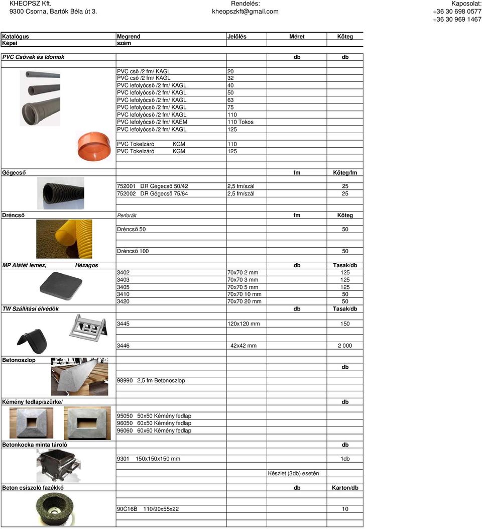 Gégecső 50/42 2,5 fm/szál 25 752002 DR Gégecső 75/64 2,5 fm/szál 25 Dréncső Perforált fm Köteg Dréncső 50 50 Dréncső 100 50 MP Alátét lemez, Hézagos Tasak/ 3402 70x70 2 mm 125 3403 70x70 3 mm 125