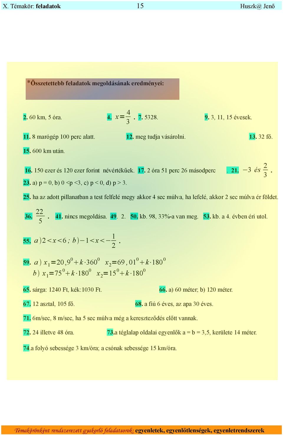 36. 5. 41. nincs megoldása. 49.. 50. kb. 98, 33%-a van meg. 53. kb. a 4. évben éri utol. 55. a x 6 ; b 1 x 1. 59. a x 1 =0,9 0 k 360 0 x =69,01 0 k 180 0 b x 1 =75 0 k 180 0 x =15 0 k 180 0 65.