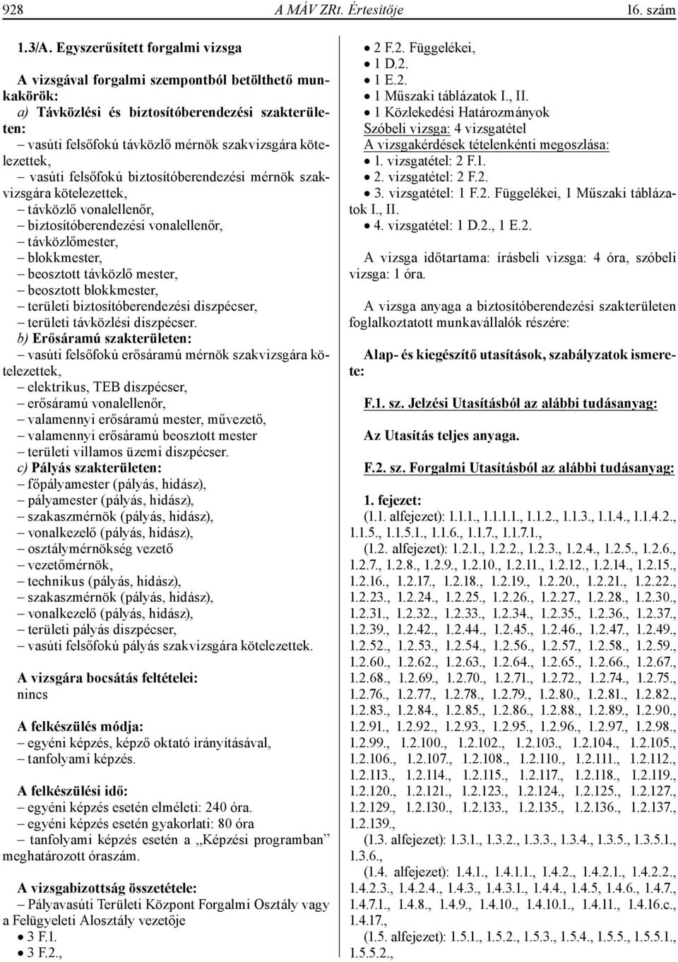 vasúti felsőfokú biztosítóberendezési mérnök szakvizsgára kötelezettek, távközlő vonalellenőr, biztosítóberendezési vonalellenőr, távközlőmester, blokkmester, beosztott távközlő mester, beosztott