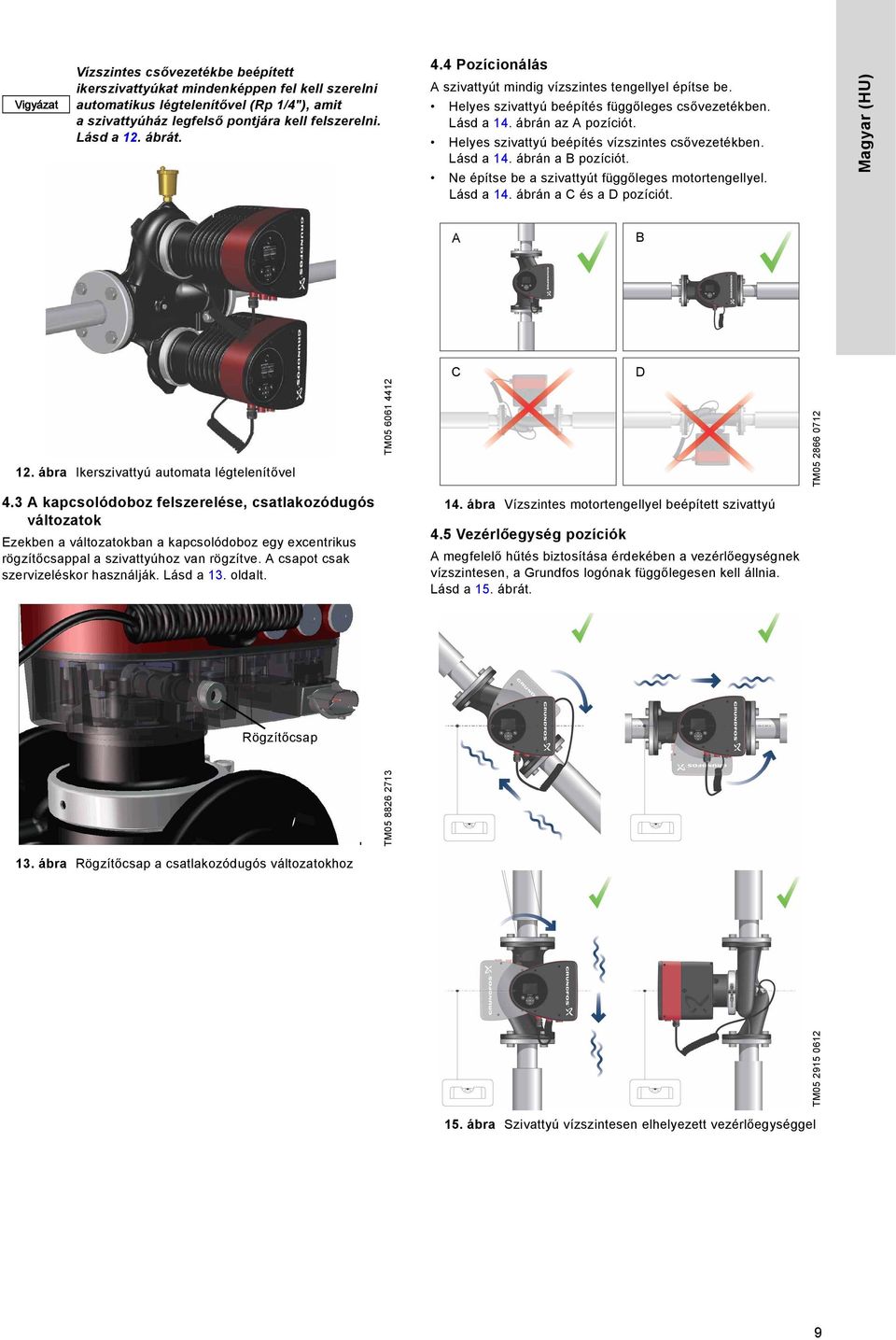 Helyes szivattyú beépítés vízszintes csővezetékben. Lásd a 14. ábrán a B pozíciót. Ne építse be a szivattyút függőleges motortengellyel. Lásd a 14. ábrán a C és a D pozíciót. Magyar (HU) A B C D 12.