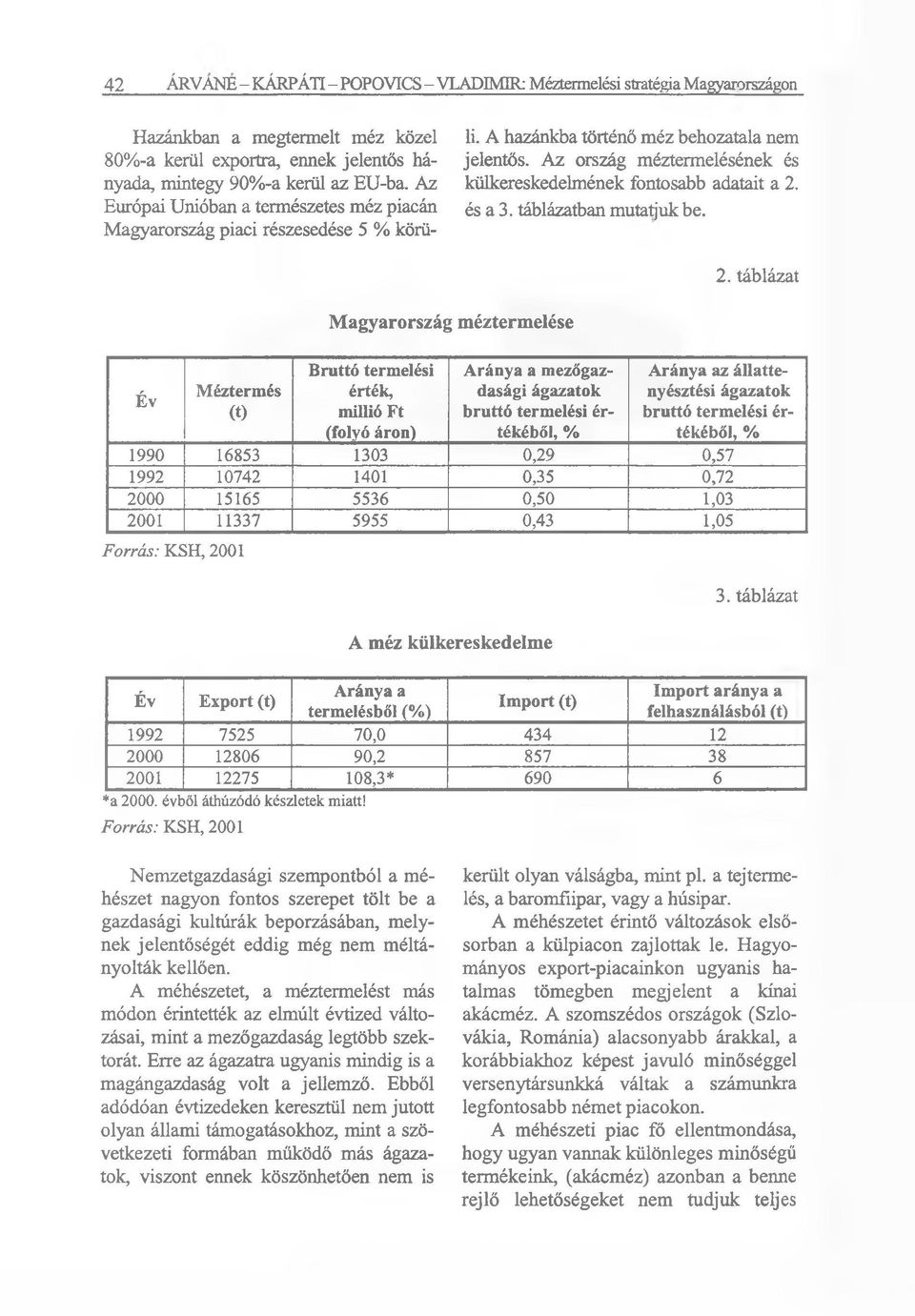 Az ország méztermelésének és külkereskedelmének fontosabb adatait a 2.