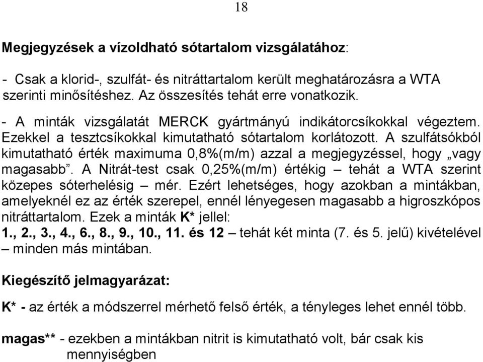 A szulfátsókból kimutatható érték maximuma 0,8%(m/m) azzal a megjegyzéssel, hogy vagy magasabb. A Nitrát-test csak %(m/m) értékig tehát a WTA szerint közepes sóterhelésig mér.