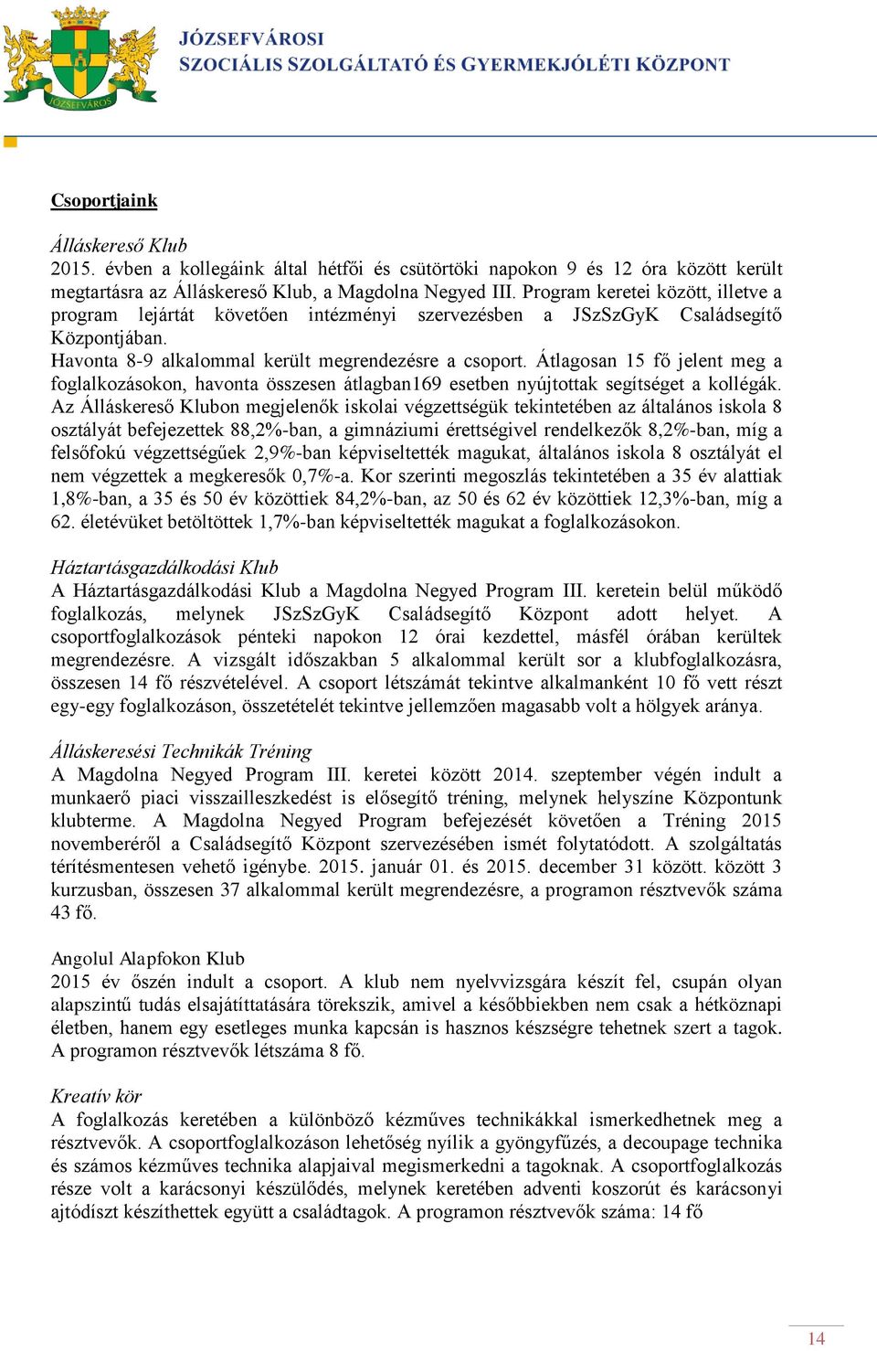 Átlagosan 15 fő jelent meg a foglalkozásokon, havonta összesen átlagban169 esetben nyújtottak segítséget a kollégák.