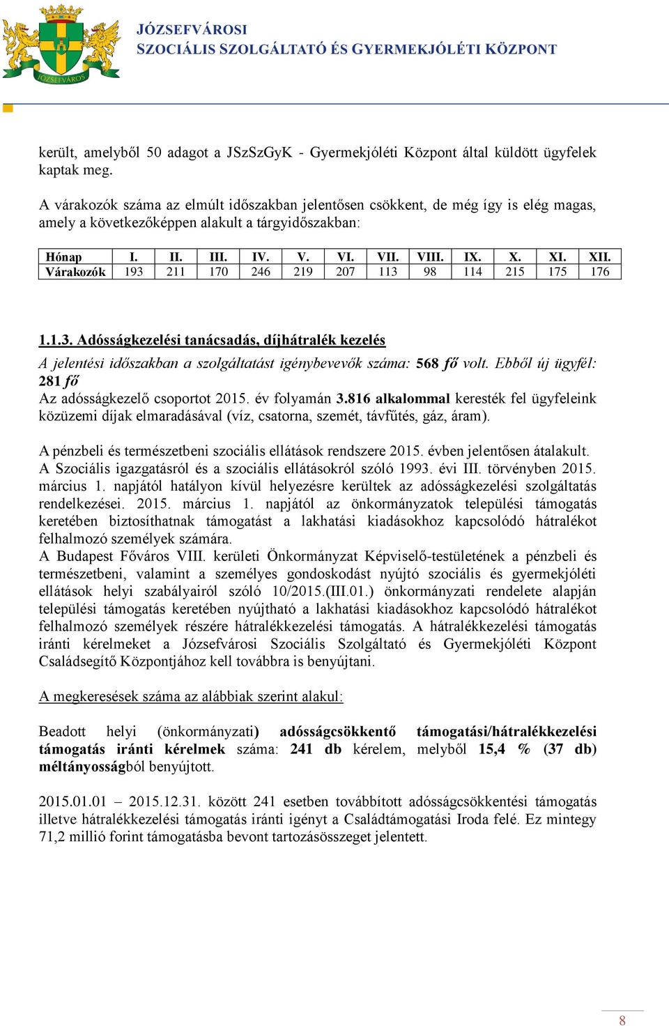 Várakozók 193 211 170 246 219 207 113 98 114 215 175 176 1.1.3. Adósságkezelési tanácsadás, díjhátralék kezelés A jelentési időszakban a szolgáltatást igénybevevők száma: 568 fő volt.